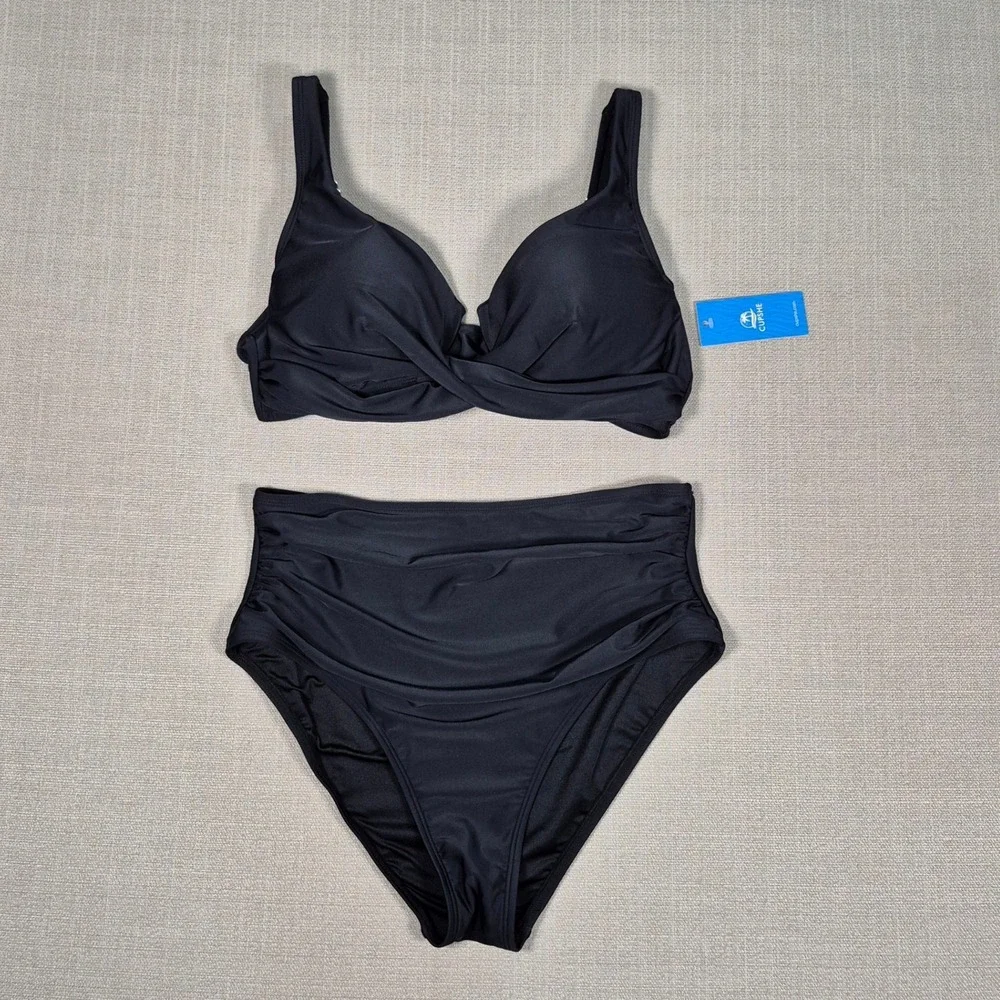 Cupshe‎ Womens Black Underwire High Waisted Ruched Bikini Set Size M New NWT